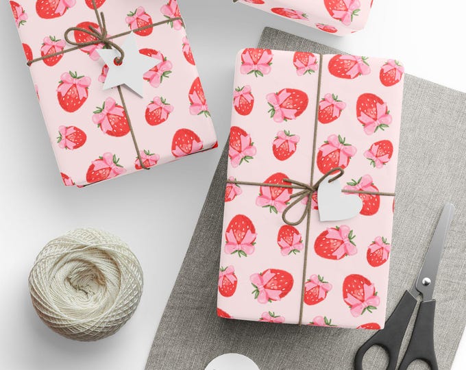 Pink Coquette Gift Wrap, Strawberries Gift Wrap, Coquette Themed Birthday Gift Wrap, Celebration Gift Wrap, Premium Gift Wrap