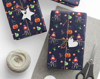 Inpakpapier voor spookachtig halloween: ontwerp heks, pompoen en zwarte kat