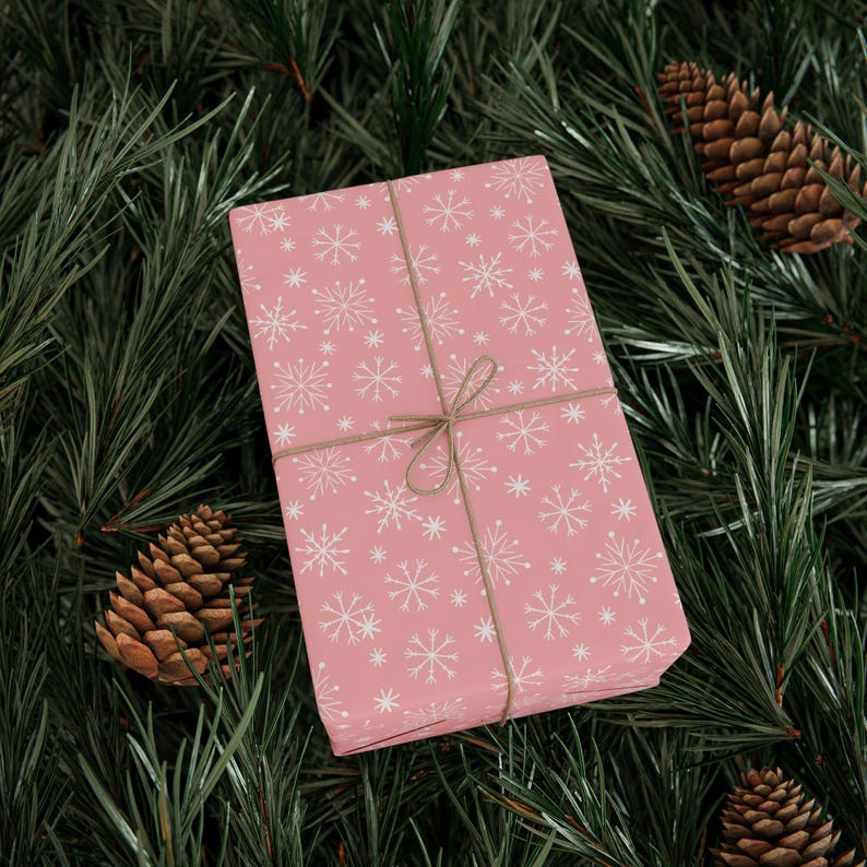 Pink Snowflake Christmas Gift Wrap Roll, Winter Holiday image 1