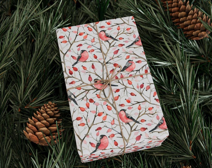 Christmas Gift Wrap, Winter Bullfinches Gift Wrap, Bird Lovers Gift Wrap, Seasonal Gift Wrap, Holiday Gift Wrap, Premium Gift Wrap