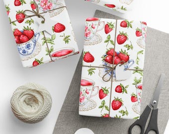 Whimsical Cottage Core Tea and Strawberries Wrapping Papers, Gift Wrap for Presents, Cute Wrapping Paper Roll, Birthday Gift Packaging