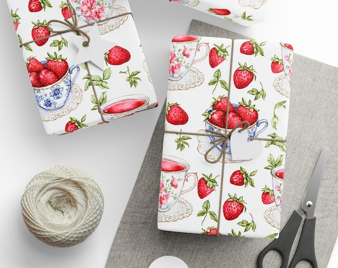 Whimsical Cottage Core Tea and Strawberries Wrapping Papers, Gift Wrap for Presents, Cute Wrapping Paper Roll, Birthday Gift Packaging