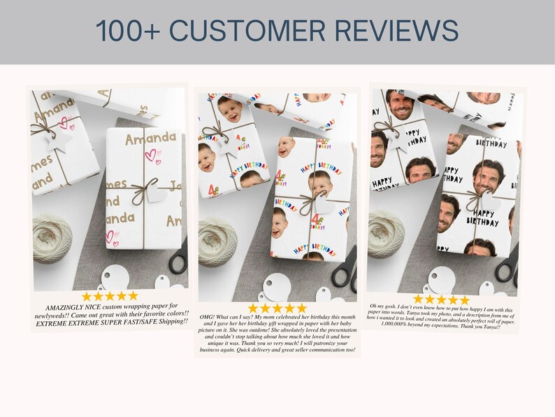 May include: White gift wrap with personalized faces and text, tied with twine. The image shows several wrapped gifts with faces printed on the paper, perfect for birthdays or special occasions. The text "100+ CUSTOMER REVIEWS" is at the top.