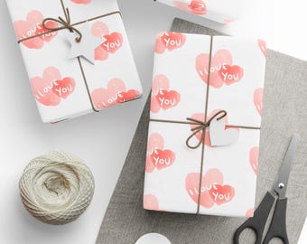 Valentines Day Gift Wrap, Pink Hearts Gift Wrap, I Love You Gift Wrap, Wrapping Paper Roll, Valentine Gift Wrap