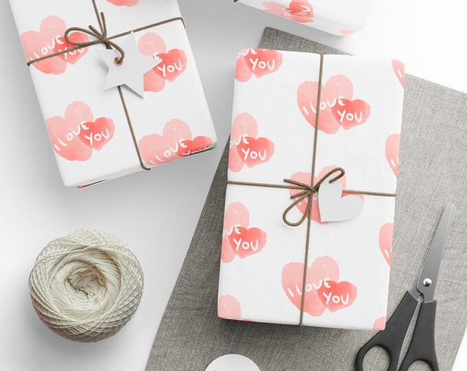 Valentines Day Gift Wrap, Pink Hearts Gift Wrap, I Love You Gift Wrap, Wrapping Paper Roll, Valentine Gift Wrap