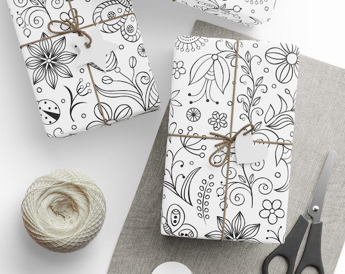 Colouring Gift Wrap, Floral Gift Wrap, Colouring Wrapping Paper, Kids Colouring Paper, Adult Colouring Paper