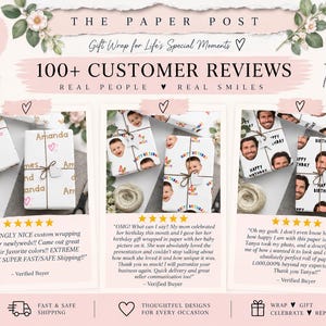 May include: A promotional graphic for The Paper Post featuring custom gift wrap with personalized names and photo prints. The display includes three framed examples of wrapped boxes, five-star customer reviews, and floral accents.