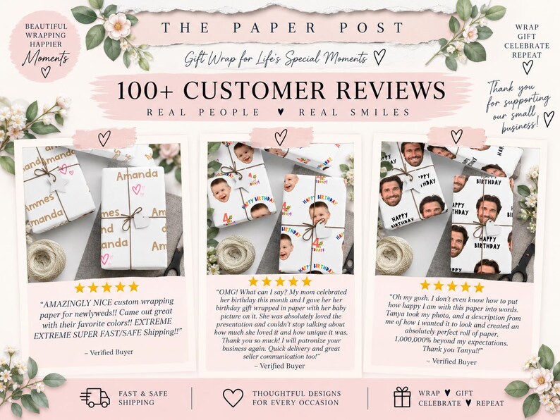 May include: A promotional graphic for The Paper Post featuring custom gift wrap with personalized names and photo prints. The display includes three framed examples of wrapped boxes, five-star customer reviews, and floral accents.