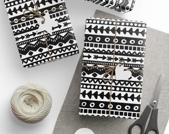 Tribal Wrapping Paper, Black & White African Pattern, Gift Wrap Roll