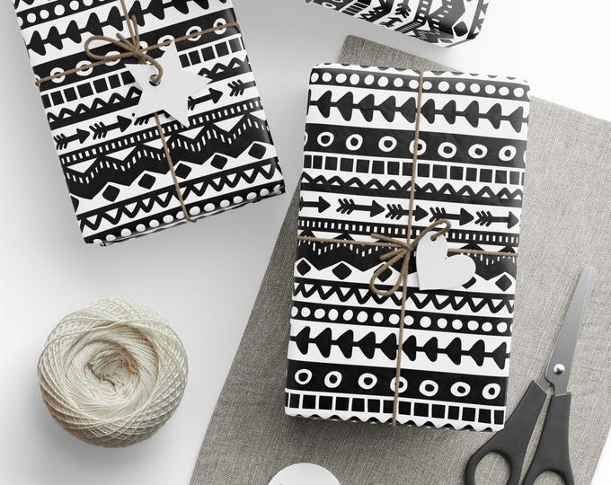 Black and White Tribal Wrapping Paper, Black & White Gift Wrap, African Tribal Gift Wrap, Black and White Wrapping Paper Roll