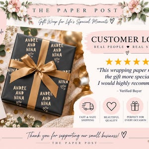 May include: A black gift box wrapped with a gold ribbon, featuring the text 'ANDRE AND NINA' in gold lettering. The image includes floral accents, a tag reading 'Celebrate the Little Moments', and a customer review section with five stars.