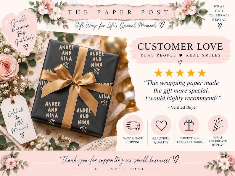 May include: A black gift box wrapped with a gold ribbon, featuring the text 'ANDRE AND NINA' in gold lettering. The image includes floral accents, a tag reading 'Celebrate the Little Moments', and a customer review section with five stars.