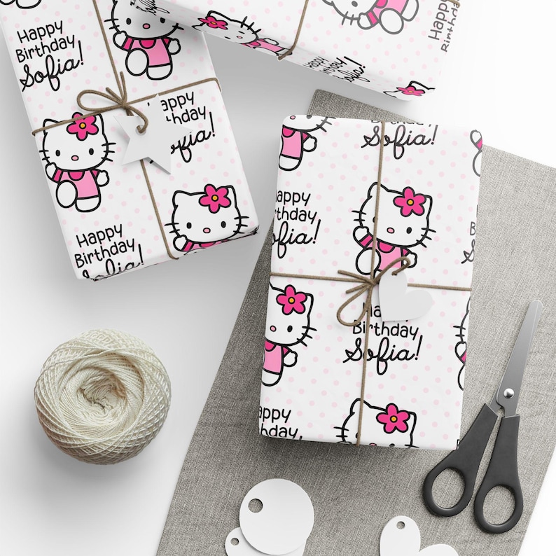 Personalized Hello Kitty Pattern wrapping paper | Birthday Gift Wrap, Pink Character Prin image 1