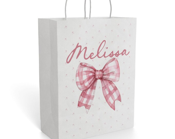 Personalized Pink Gingham Bow Paper Gift Bag | Custom Name
