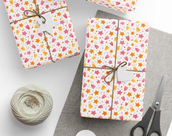 Pink Halloween Gift Wrap, Pink Hearts and Stars Gift Wrap, Halloween Party Gift Wrap, Halloween Birthday Gift Wrap, Premium Gift Wrap