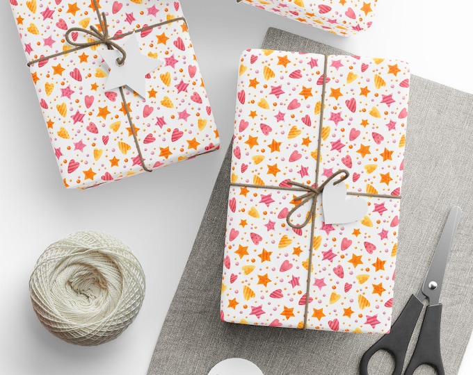 Pink Halloween, Watercolour Gift Wrap, Pink Halloween Gift Wrap, Pink Hearts and Stars Gift Wrap, Pink Halloween Wrapping Paper Roll