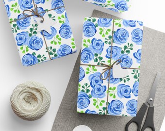 Watercolor Blue Roses Gift Wrap: Spring Floral Wrapping Paper