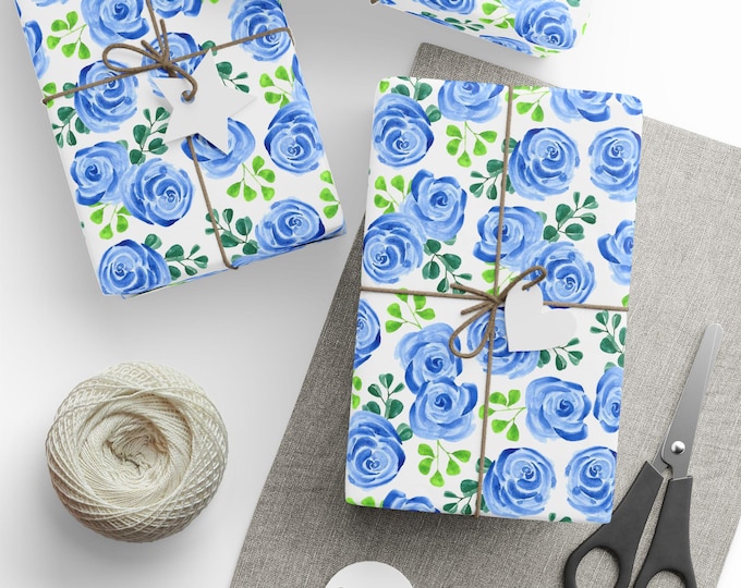Watercolor Floral Gift Wrap, Rose Blossoms Gift Wrap, Spring Flowers Gift Wrap, Blue Roses Gift Wrap, Wrapping Paper Roll