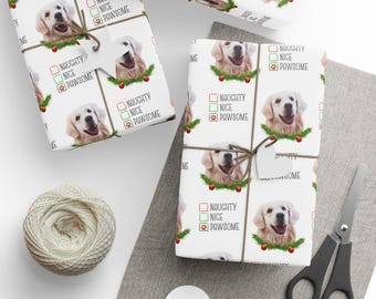 Custom Pet Photo Christmas Wrapping Paper Roll, Naughty, Nice, Pawsome Christmas Gift Wrap, Christmas Wrapping for Pet Lovers, Pet Gift Wrap