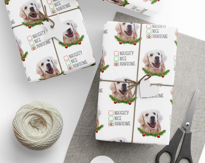 Custom Pet Photo Christmas Wrapping Paper Roll, Naughty, Nice, Pawsome Christmas Gift Wrap, Christmas Wrapping for Pet Lovers, Pet Gift Wrap