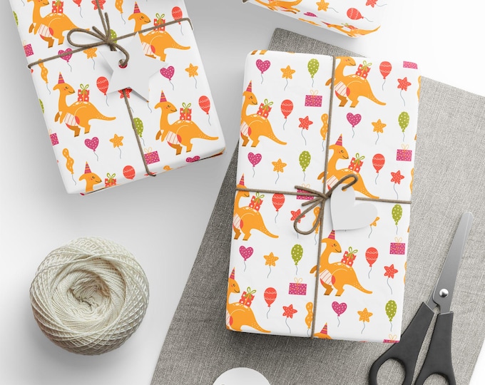 Cute Dinosaur Birthday Gift Wrap, Birthday Boy Gift Wrap, Birthday Girl Gift Wrap, Dino Gift Wrap, Wrapping Paper Roll, Birthday Gift Wrap
