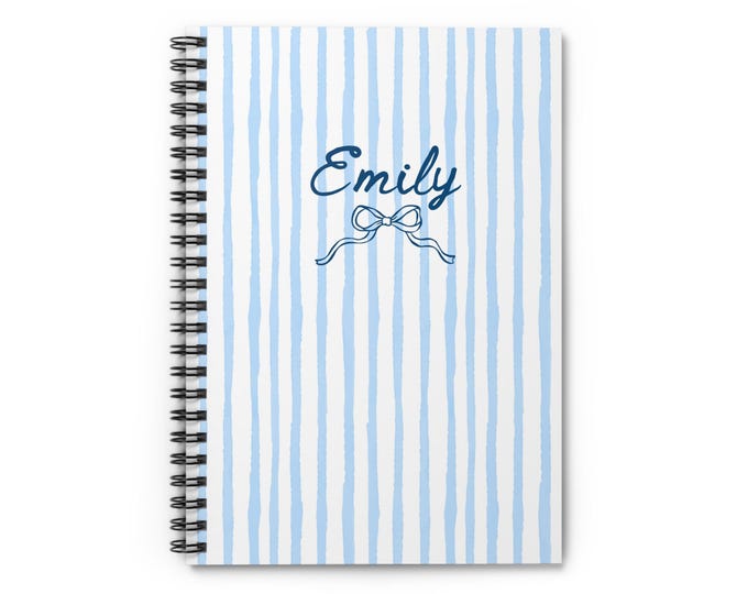 Blue Watercolor Stripe Bow Emily Spiral Notebook