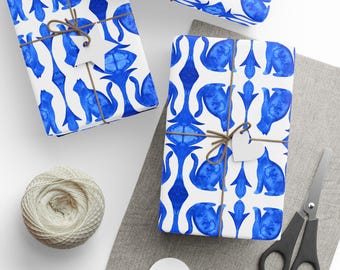 Blue Watercolour Ceramic Tile Wrapping Paper, Ceramic Tile Cat Motif Gift Wrap, Wedding Gift Wrap, Wedding Wrapping Paper Roll