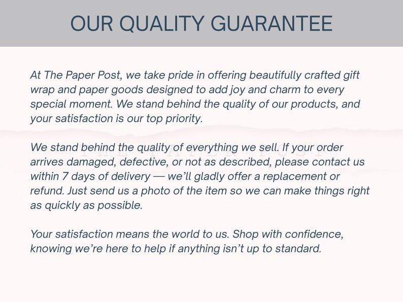 Puede incluir: Imagen con el texto "OUR QUALITY GUARANTEE" en la parte superior. El texto a continuaci&oacute;n indica el compromiso de la empresa con envoltorios de regalo y art&iacute;culos de papel de calidad, y la satisfacci&oacute;n del cliente. Tambi&eacute;n detalla la pol&iacute;tica de devoluciones.