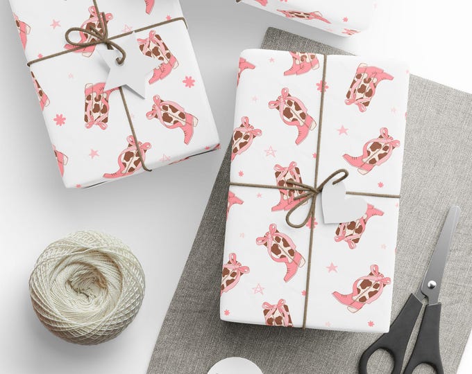 Pink Coquette Cowgirl Gift Wrap, Birthday Gift Wrap, Coquette Cowgirl Boots Gift Wrap, Coquette Cowgirl Themed Birthday, Bridal Shower  Wrap