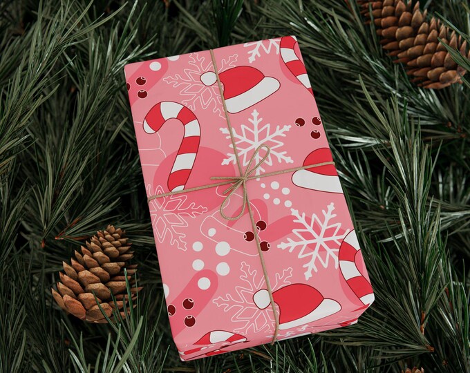 Pink Christmas Wrapping Paper Roll, Christmas Gift Wrap, Retro Christmas Wrapping Paper, Cute Christmas Wrap, Pink Christmas Gift Wrap