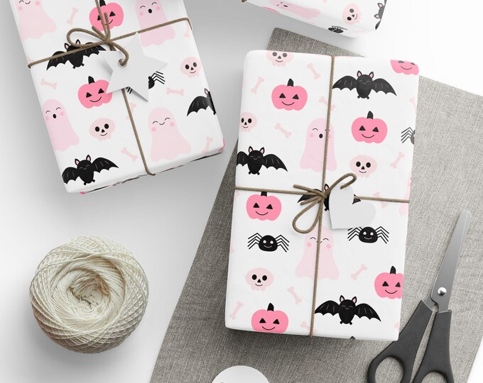 Pink Halloween Wrapping Paper, Pink Ghosts and Pumpkins Gift Wrap, Pink Halloween Gift Wrap, Pink Gift Wrap