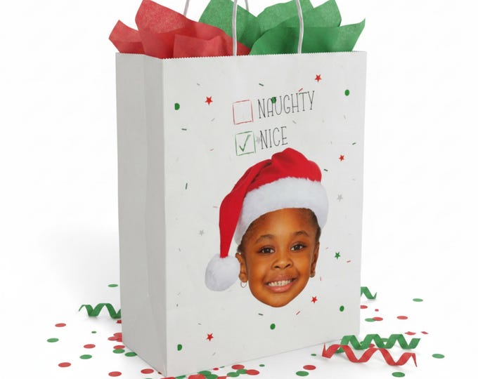 Santa Hat Photo Face Paper Gift Bag | Naughty Nice Checkbox Holiday Gift Bag