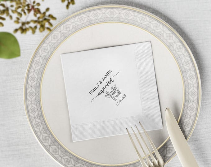 Custom White Coined Napkins, Personalized Text, Logo, Photo, Weddings, Birthdays