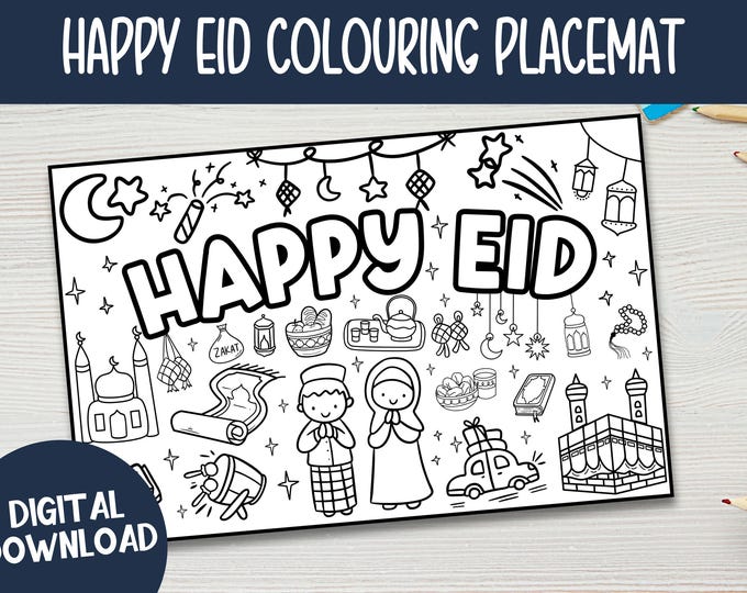 Eid Mubarak Colouring Placemat, Kids Activity (Digital Download)