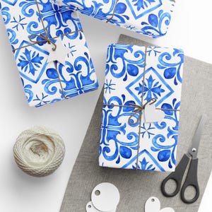 Carta da regalo con piastrelle di ceramica blu, carta da regalo con piastrelle di ceramica blu, carta da regalo con piastrelle mediterranee, carta da regalo per matrimoni, rotolo di carta da regalo
