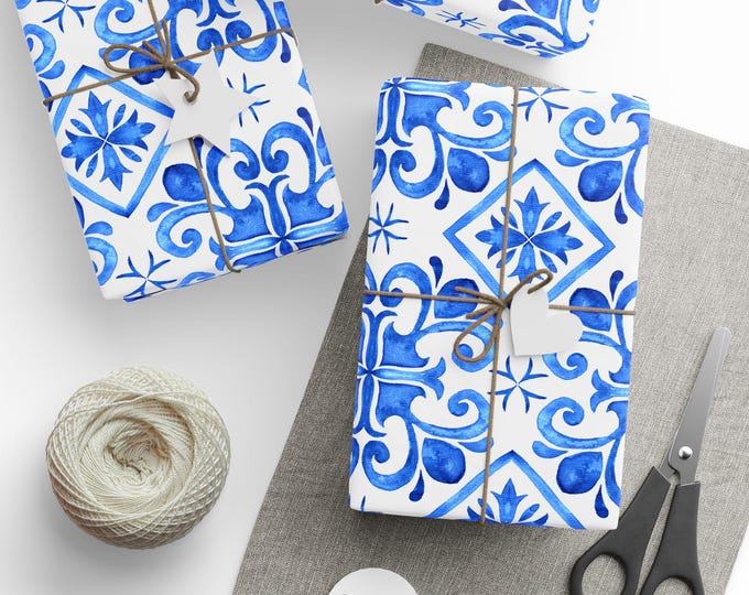 Blue Ceramic Tile Wrapping Paper, Blue Ceramic Tile Gift Wrap, Mediterranean Tile Gift Wrap, Wedding Gift Wrap, Wrapping Paper Roll