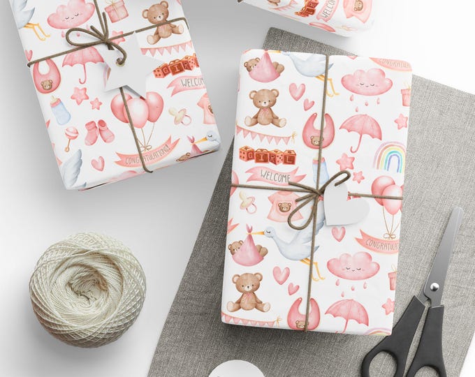 Baby Girl Gift Wrap: Pink Teddy Bear Shower Paper