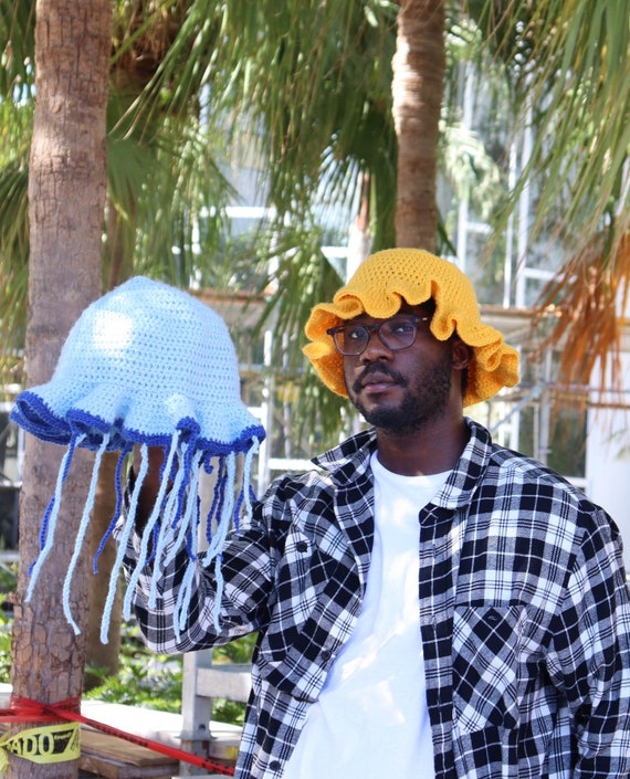 Wavy Crochet Jellyfish Bucket Hat, Unisex Acrylic Yarn - Etsy