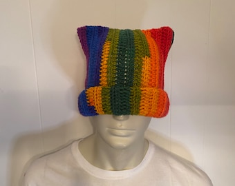 Berretto con orecchie di gatto all'uncinetto, cappello in acrilico arcobaleno
