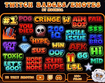 75 Text emotes | Twitch text emotes | Discord hype emote | Stream Sub badges