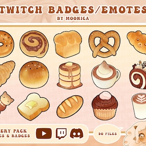 May include: A set of 15 colorful digital illustrations of bakery items, including a pretzel, croissant, bread, donut, and cake. The illustrations are designed for use as Twitch badges or emotes. The text "TWITCH BADGES/EMOTES BY MOONICA" is at the top of the image. The text "BAKERY PACK EMOTES & BADGES" is at the bottom of the image.
