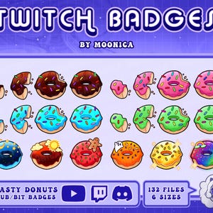 May include: A set of 132 Twitch badges featuring various donut designs with different toppings and colors. The badges are labeled "Tasty Donuts Sub/Bit Badges" and include the Twitch logo.