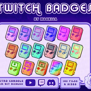 Op de afbeelding: Een set van 18 kleurrijke retro console Twitch-badges, met een pixelated game console-ontwerp. De badges zijn verkrijgbaar in 6 maten en 102 bestanden. De tekst "Retro Console Sub/Bit Badges" staat onderaan de afbeelding.