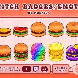 Op de afbeelding: Een set van 60 Twitch-badges en emotes met cartoon-burgerontwerpen in verschillende kleuren en stijlen. De tekst "Twitch Badges/Emotes" en "Burger Bits Sub/Bit Badges" is in de afbeelding opgenomen.