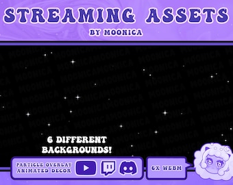 Puede incluir: Activos de streaming en morado y negro con un fondo de cielo estrellado. El texto "STREAMING ASSETS" está en una fuente retro. El texto "BY MOONICA" está debajo del título. El texto "6 DIFFERENT BACKGROUNDS!" está en el centro de la imagen. El texto "PARTICLE OVERLAY ANIMATED DECOR" está en un cuadro morado en la parte inferior izquierda de la imagen. Hay tres iconos en un cuadro morado en la parte inferior central de la imagen: un botón de reproducción, un icono de Twitch y un icono de Discord. El texto "6X WEBM" está en un cuadro morado en la parte inferior derecha de la imagen. Un personaje de dibujos animados con una nube y una luna está en la esquina inferior derecha de la imagen.