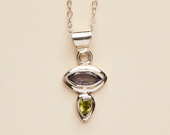 Peridot and Iolite Pendant - Handmade & Genuine Gemstone Jewelry - Sterling Silver Jewellery