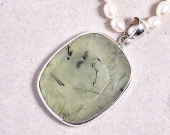 Prehnite Pendant (rectangle) - Handmade & Genuine Gemstone Jewellery - Sterling Silver Jewelry