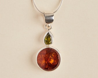 Amber and Peridot Pendant (round) - Handmade Gemstone Jewelry - Sterling Silver Jewellery
