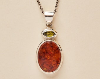 Amber and Peridot Pendant (large) - Handmade Gemstone Jewelry - Sterling Silver Jewellery