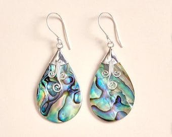 Paua Shell Earrings (large) /Abalone - Handmade & Genuine Gemstone Jewelry - Sterling Silver Jewellery